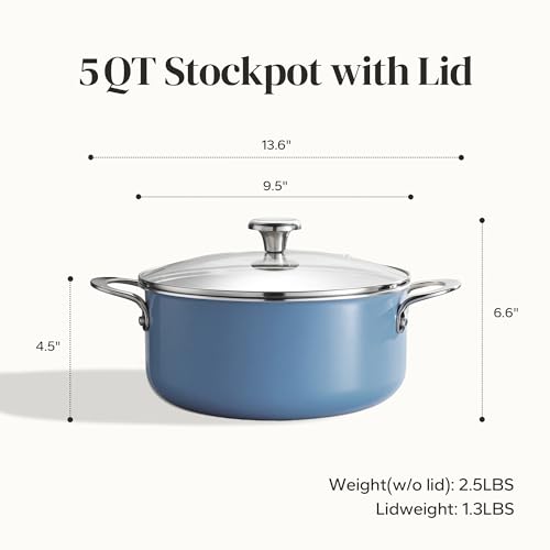 Redchef Ceramic Stock Pot, Induction Cooking Pot with Glass Lid for Soup, 5Qt Stockpot Nonstick Soup Pot, Even Heating, Stay-Cool Handles,Fits All Stoves, Oven/Dishwasher Safe, PFAS Free (Blue)