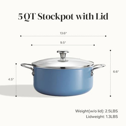 Redchef Ceramic Stock Pot, Induction Cooking Pot with Glass Lid for Soup, 5Qt Stockpot Nonstick Soup Pot, Even Heating, Stay-Cool Handles,Fits All Stoves, Oven/Dishwasher Safe, PFAS Free (Blue)