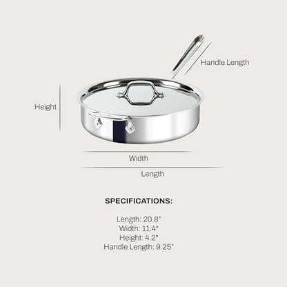 All-Clad D3® Stainless Steel 4 Quart Saute Pan With Lid- Made in the USA- The Original Bonded Professional Cookware- Oven Safe & Induction Compatible