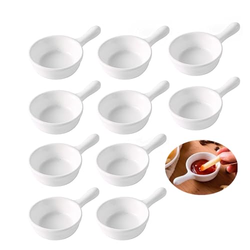 10 Packs White Soy Sauce Dishes with Handle,1oz Ramekins Porcelain Pinch Bowls,Small Dip Bowls Set,Dipping Bowls Appetizer Ketchup BBQ Sushi Condiments Serving Bowl Set-Stackable (Pot Shape)