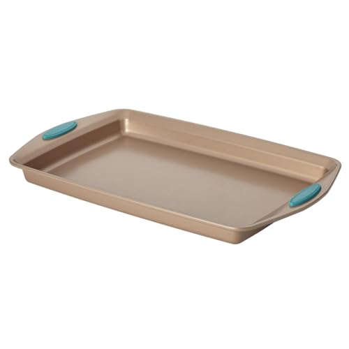 Rachael Ray Cucina Bakeware Set Includes Nonstick Bread Baking Cookie Sheet and Cake Pans, 5 Piece, Latte Brown with Agave Blue Grips