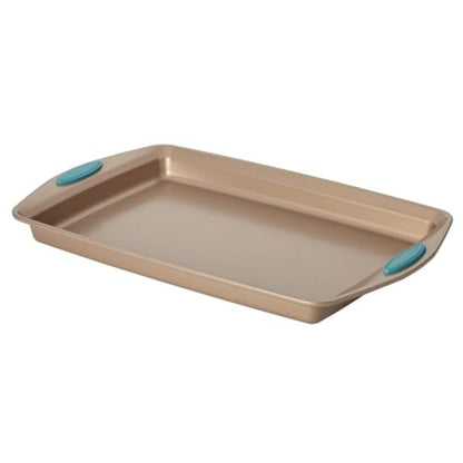 Rachael Ray Cucina Bakeware Set Includes Nonstick Bread Baking Cookie Sheet and Cake Pans, 5 Piece, Latte Brown with Agave Blue Grips