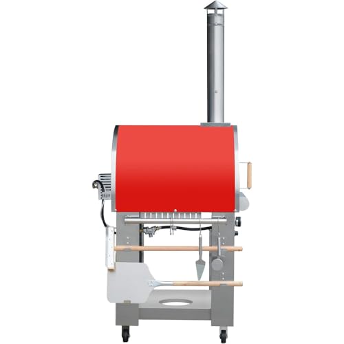 KOSTCH 32.5 inch Wood Fired and Propane Gas Pizza Oven for Outdoor Kitchen in Stainless Steel, Large Pizza Oven for Outside, Yard and Party (Red with Cover)