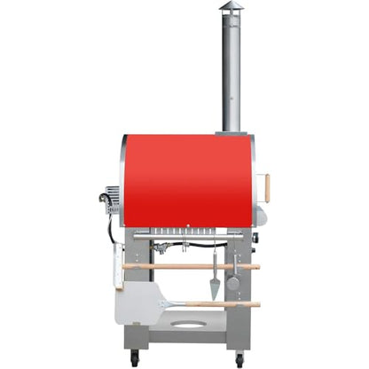 KOSTCH 32.5 inch Wood Fired and Propane Gas Pizza Oven for Outdoor Kitchen in Stainless Steel, Large Pizza Oven for Outside, Yard and Party (Red with Cover)