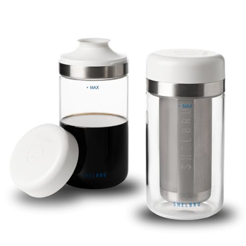 SHELBRU Cold Brew Coffee Maker Set (Brewer & Carafe), Up to 12 Servings of Concentrate, Reusable Stainless Steel Dual Filter, Durable Borosilicate Glass & Spill-Proof Pouring Spout, 16.9 fl oz / 500ml