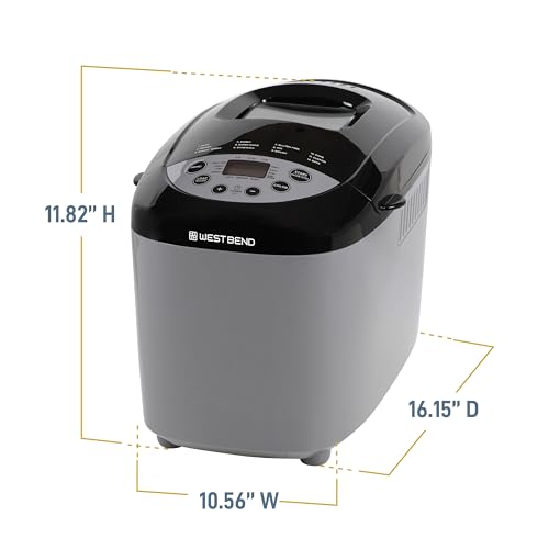 West Bend Hi-Rise Bread Maker Machine Programmable 12 Programs Including Gluten Free & 3 Loaf Sizes and Crust Colors with Traditionally-Shaped Horizontal Bread Pan with Dual Knead Blades, 3-Lb, Gray