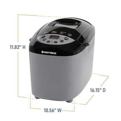 West Bend Hi-Rise Bread Maker Machine Programmable 12 Programs Including Gluten Free & 3 Loaf Sizes and Crust Colors with Traditionally-Shaped Horizontal Bread Pan with Dual Knead Blades, 3-Lb, Gray