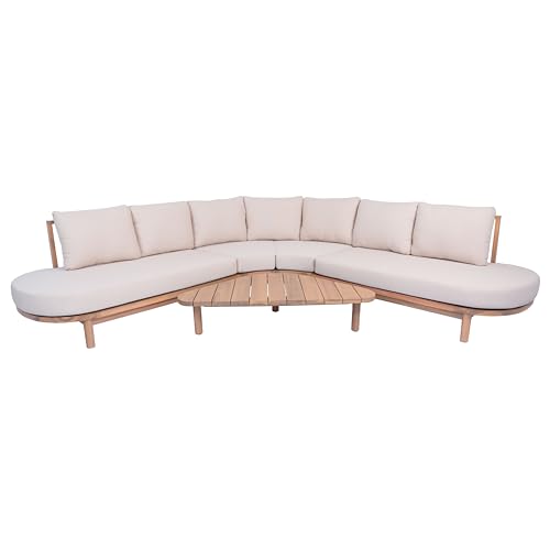 Merax 5 Piece Patio Outdoor Furniture Set, All Weather 118" Half Moon Sectional Sofa with Acacia Wood Frame & Waterproof Cushions,1 Coffee Table for Garden,Lawn,Backyard,Poolside,Beige+Light Teak