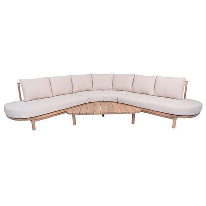 Merax 5 Piece Patio Outdoor Furniture Set, All Weather 118" Half Moon Sectional Sofa with Acacia Wood Frame & Waterproof Cushions,1 Coffee Table for Garden,Lawn,Backyard,Poolside,Beige+Light Teak