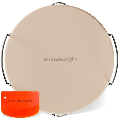 KitchenStar 12-inch Pizza Stone for Oven and BBQ Grill with Handles, Round, 5/8" Thick - Natural Cordierite, 1800 °F Resistant, Baking Stone Set with Stainless Steel Rack & Plastic Scraper Tool