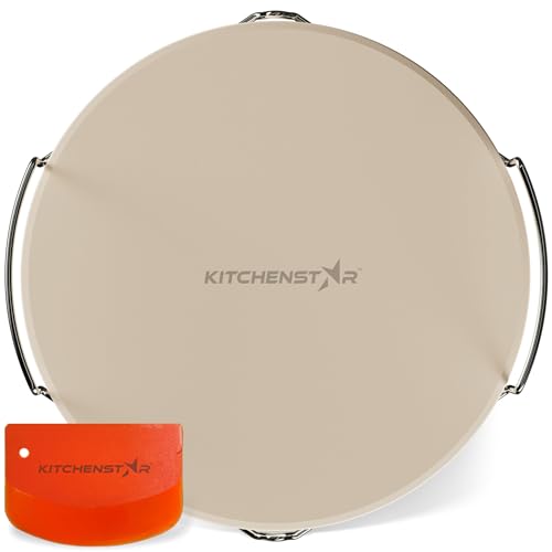 KitchenStar 12-inch Pizza Stone for Oven and BBQ Grill with Handles, Round, 5/8" Thick - Natural Cordierite, 1800 °F Resistant, Baking Stone Set with Stainless Steel Rack & Plastic Scraper Tool