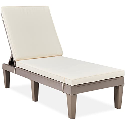 Best Choice Products Outdoor Lounge Chair, Resin Patio Chaise Lounger for Poolside, Backyard, Porch w/Seat Cushion, Adjustable Backrest, 5 Positions, 330lb Capacity - Brown/Ivory