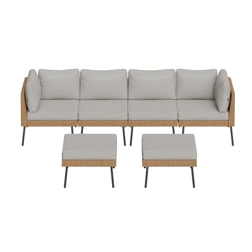 Aoxun 6 Piece Patio Furniture Set, 6 Seats Outdoor Sectional Sofas with Thick Cushion, Wicker Outdoor Patio Furniture Set with Ottomans for Party, Garden, Backyard, Grey