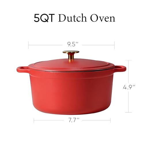 CAROTE 5QT Enameled Cast Iron Dutch Oven Pot with Lid, Heavy-Duty Dutch Oven for Sourdough Bread Baking, Braising, Stews, Roasting, Healthy & Non-Toxic, Dual Handles, All Stovetop Compatible, Oven Safe up to 500° F, Red