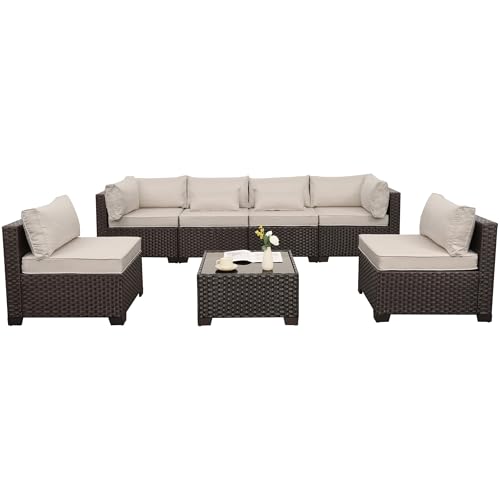 Rattaner 7 Pieces Wicker Patio Furniture Conversation Set Outdoor Sectional Sofa Glass Coffee Table with Non-Slip Cushions and Furniture Cover, Beige