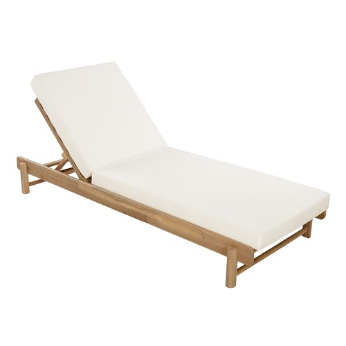 Christopher Knight Home Lara Outdoor Chaise Lounge with 4" Water-Resistant Cushion, Acacia Wood Recliner Chair Frame with Slatted Design, Patio Lounger with Adjustable Backrest, Light Teak+Cream