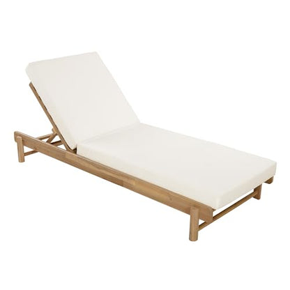 Christopher Knight Home Lara Outdoor Chaise Lounge with 4" Water-Resistant Cushion, Acacia Wood Recliner Chair Frame with Slatted Design, Patio Lounger with Adjustable Backrest, Light Teak+Cream