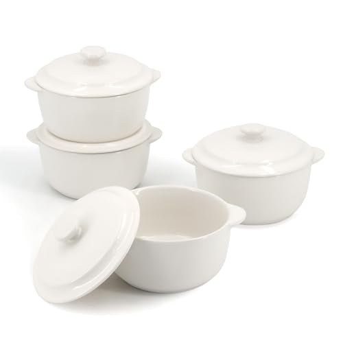 4-Pack Ceramic Mini Cocotte Set, 10 Oz Stoneware Casserole Dishes with Handles & Lids, Oven-Safe Ramekins for Soufflé, Soup, Cobbler & Baking, Individual Serving Bakeware, Off White