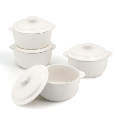 4-Pack Ceramic Mini Cocotte Set, 10 Oz Stoneware Casserole Dishes with Handles & Lids, Oven-Safe Ramekins for Soufflé, Soup, Cobbler & Baking, Individual Serving Bakeware, Off White