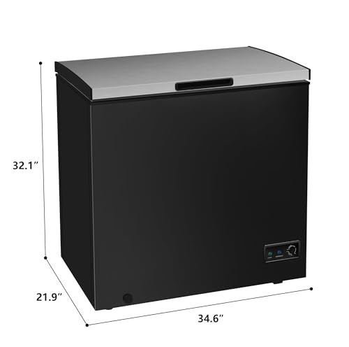 Chest Deep Freezer, 7 Cu. Ft, Black Adjustable Thermostat-Removable Vinyl Coated Wire Basket-Easy Defrost Drain, Eye-Catching Stainless Steel Top Door- Garage Ready