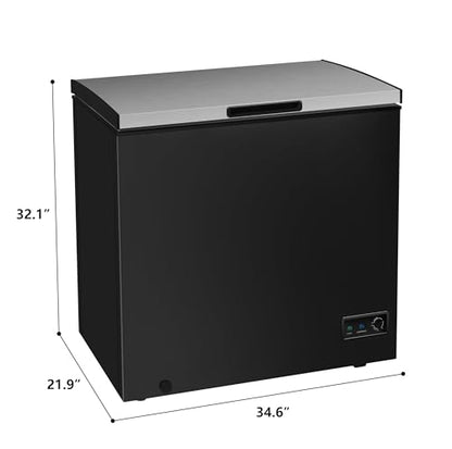 Chest Deep Freezer, 7 Cu. Ft, Black Adjustable Thermostat-Removable Vinyl Coated Wire Basket-Easy Defrost Drain, Eye-Catching Stainless Steel Top Door- Garage Ready