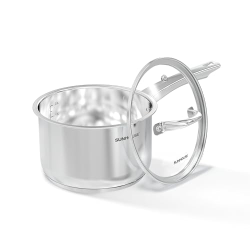 Sunhouse 3 QT Stainless Steel Sauce Pan with Lid, Small Pot for Cooking, PFOA-Free, Advanced Impact Bonding Induction Base Mini Saucepan, Compatible with Induction, Ceramic, Gas