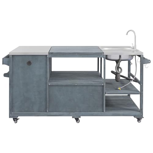 Outdoor Grill Cart with Sink and Big Green Egg, Rolling Outdoor Kitchen Island with Stainless Steel Top for Pizza Prep & BBQ (Grey Blue)