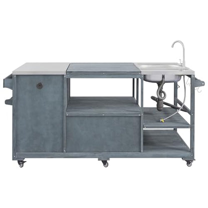 Outdoor Grill Cart with Sink and Big Green Egg, Rolling Outdoor Kitchen Island with Stainless Steel Top for Pizza Prep & BBQ (Grey Blue)