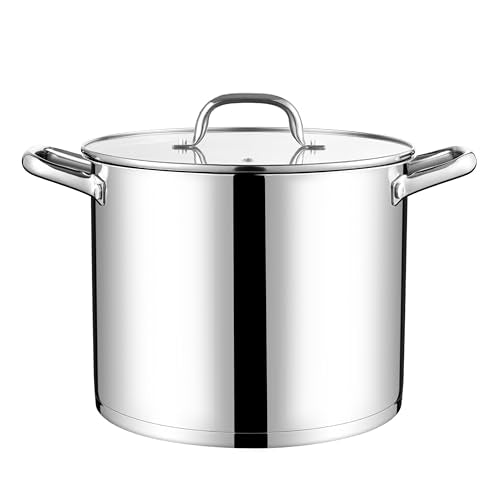 LIANYU 10 Quart Pot with Lid, 10 QT Tri-ply Stainless Steel Stockpot, Heavy Duty Deep Canning Soup Cooking Pot for Gas, Electric, Stoves, Induction, Riveted Handles, Dishwasher Safe