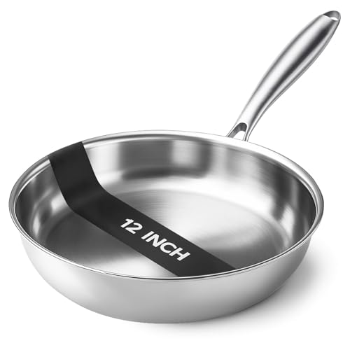 Kirecoo Tri-Ply Stainless Steel Pan - 12 Inch Frying Pan, Fast and Even Heat Stainless Steel Skillet, Induction Cookware, Dishwasher and Oven Safe Skillet