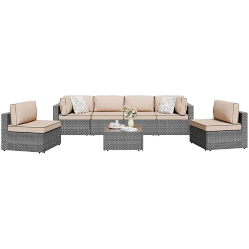 Shintenchi 7 Pieces Outdoor Patio Sectional Sofa Couch, Silver Gray PE Wicker Furniture Conversation Sets with Washable Cushions & Glass Coffee Table for Garden, Poolside, Backyard (Khaki)