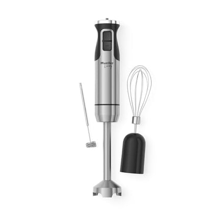 MuellerLiving Ultra-Stick Immersion Hand Blender, 500W Heavy Duty Motor, 8-Speed Turbo Setting, Includes Blending Shaft, Whisk, Milk Frother & Measuring Beaker