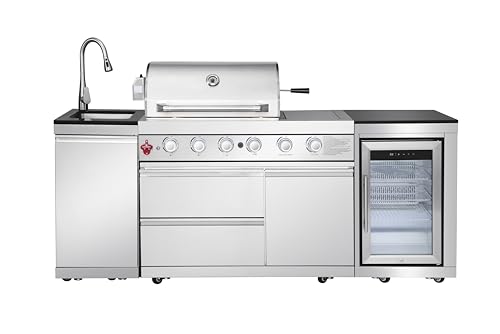 85 Inch Outdoor Kitchen Island with Bar Table, 4 Burner Propane Gas BBQ Grill 71500 BTU, 304 Stainless Steel, Single-Door Refrigerator, Stainless Steel Sink with Faucet, For Backyard BBQ, Sliver
