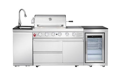 85 Inch Outdoor Kitchen Island with Bar Table, 4 Burner Propane Gas BBQ Grill 71500 BTU, 304 Stainless Steel, Single-Door Refrigerator, Stainless Steel Sink with Faucet, For Backyard BBQ, Sliver