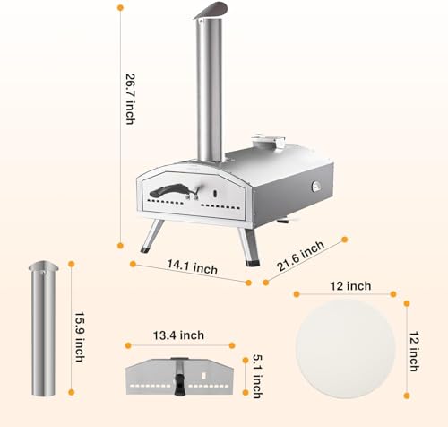 12” Portable Wood Fired Pizza Oven - Stainless Steel Pellet Pizza Stove with Rotating Stone for Outdoor Cooking, Backyard & Camping