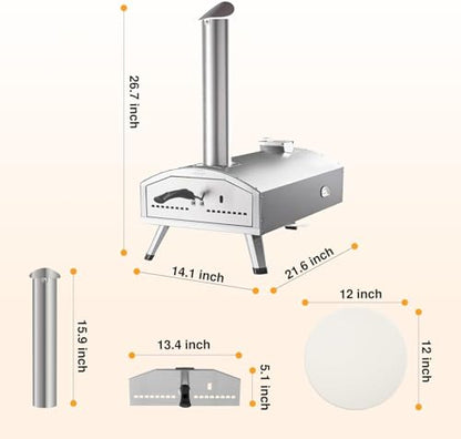 12” Portable Wood Fired Pizza Oven - Stainless Steel Pellet Pizza Stove with Rotating Stone for Outdoor Cooking, Backyard & Camping