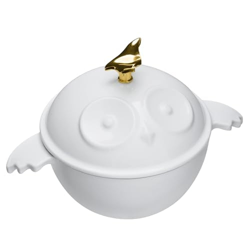 Flavehc Mini Cocotte 16 oz Owl Shaped Mini Dutch Oven 0.5 qt Cast Iron Garlic Roaster for Oven Garlic Confit Pot Ramekins with Lids Oven Safe, White