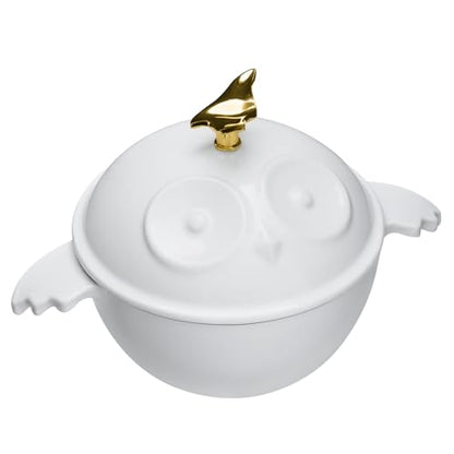 Flavehc Mini Cocotte 16 oz Owl Shaped Mini Dutch Oven 0.5 qt Cast Iron Garlic Roaster for Oven Garlic Confit Pot Ramekins with Lids Oven Safe, White