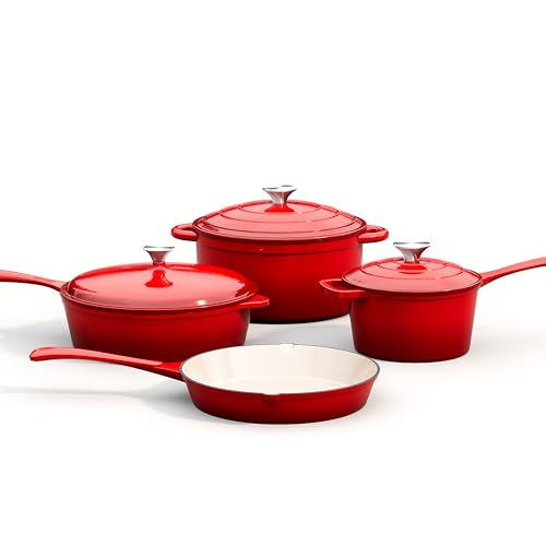 MAISON ARTS 7 Piece Enameled Cast Iron Cookware Set, Heavy Duty Induction Dutch Ovens Pot with Lid, Red Non Toxic Pots and Pans Sets, PFOA-PFOS Free