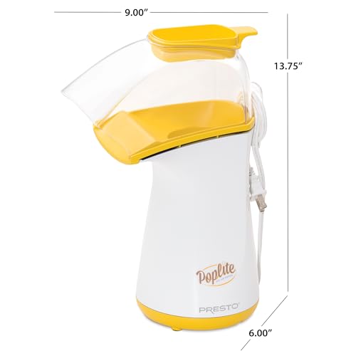 Presto 04820 Poplite Hot Air Popcorn Popper - Built-In Measuring Cup + Melts Butter, Easy to Clean, Built-In Cord Wrap, 18 Cups, Yellow