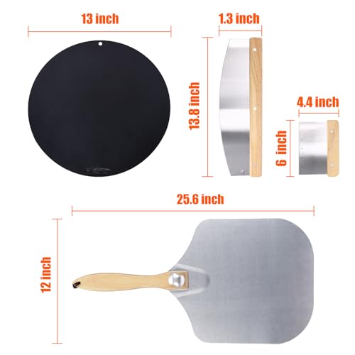 Hisencn 13" Round Pizza Steel for Oven & Grill – Ceramic Baking Steel Pizza Stone Set with Rack, Pizza Peel, Cutter & Dough Scraper, Crack-Resistant & High Heat Conductivity for Crispy Crust