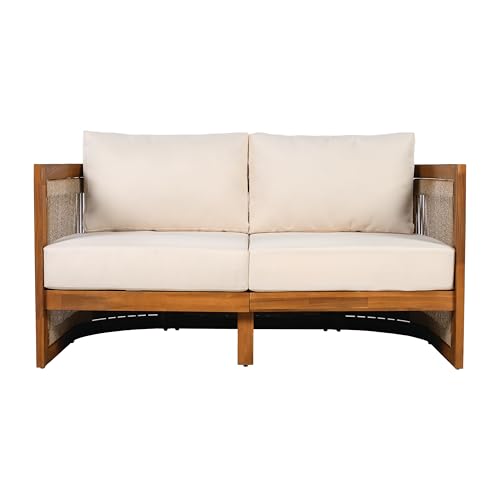 Christopher Knight Home Nylan 7-Seater Patio Furniture Set with Removable Cushion, 5 Piece Outdoor Acacia Wood Conversation Set, Solid Wood Outdoor Sectional Sofa Set with Coffee Table, Teak+Beige