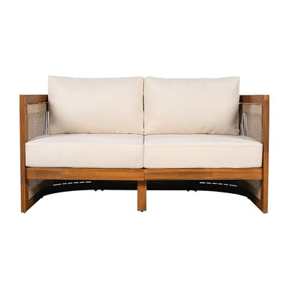 Christopher Knight Home Nylan 7-Seater Patio Furniture Set with Removable Cushion, 5 Piece Outdoor Acacia Wood Conversation Set, Solid Wood Outdoor Sectional Sofa Set with Coffee Table, Teak+Beige