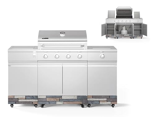 Tytus Fresno 5-Burner Propane or Natural Gas Island Grill – 864 sq. in. Cooking, 48,000 BTU Main + 12,000 BTU Side Burner, Porcelain Grates, Storage Cabinets, Semi-Portable - SS/Ash Stone