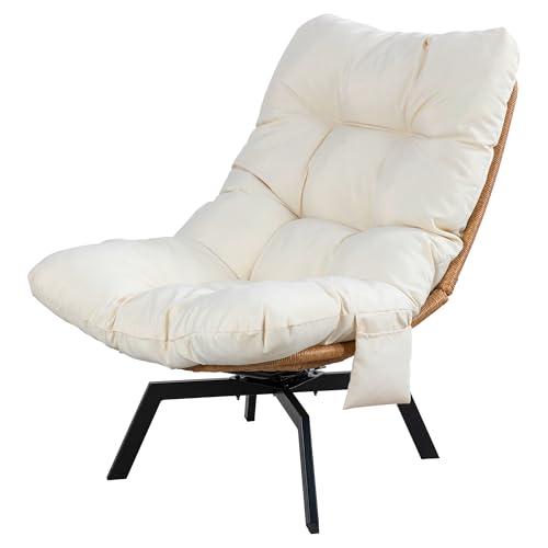 Vongrasig Swivel Wicker Chair PE Rattan Chair with Cushion, Oversized Patio Lounge Chair for Outdoor, Indoor, Balcony, Backyard, Garden, Living Room, Beige