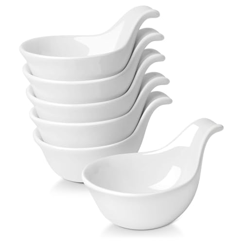 Flexzion Ceramic Dipping Bowls, Small Bowls for Dipping with Handle, Condiment Cups Soy Sauce Dish, Porcelain Ramekins, Sauce Holders, Containers for Small Side Dishes Dips - 3 oz, Set of 6, White