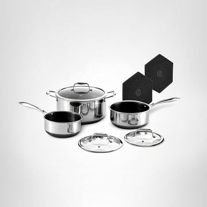 HexClad Hybrid Nonstick 6-Piece Pot Set with 2 Silicone Trivets, 2, 3, and 8-Quart Pots with Tempered Glass Lids, Stay-Cool Handles, Dishwasher-Friendly, Induction Ready, Compatible with All Cooktops