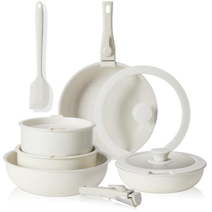 NEWBULIG 12-Piece Nonstick Cookware Set, Detachable Handle Pots and Pans, Induction Compatible Cookware, Dishwasher & Oven Safe, Space-Saving Kitchen Set, Cream White