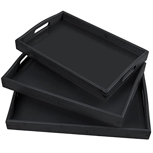 3 Pack Bamboo Serving Trays with Handles, Rectangular Kitchen Food Tray for Eating, Dinner Trays for Eating on Couch, Wood Serving Platter for Breakfast, Tea, Bar, Restaurant, Party or Bed (Black)
