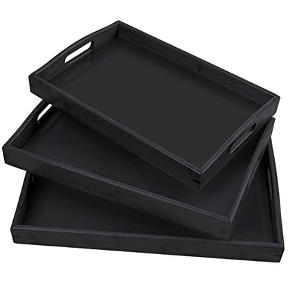 3 Pack Bamboo Serving Trays with Handles, Rectangular Kitchen Food Tray for Eating, Dinner Trays for Eating on Couch, Wood Serving Platter for Breakfast, Tea, Bar, Restaurant, Party or Bed (Black)